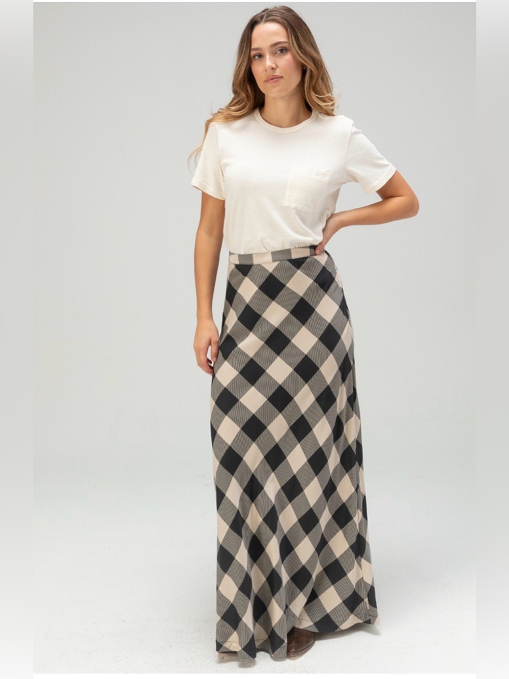 Brixton Silky Plaid Maxi Skirt in Beige and Black